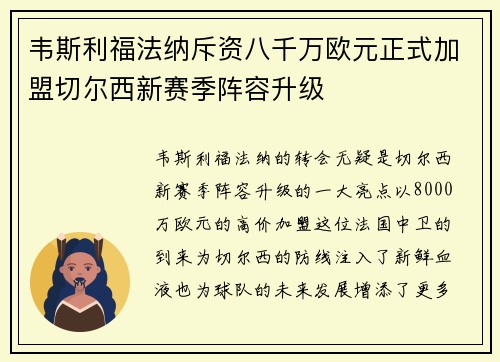 韦斯利福法纳斥资八千万欧元正式加盟切尔西新赛季阵容升级