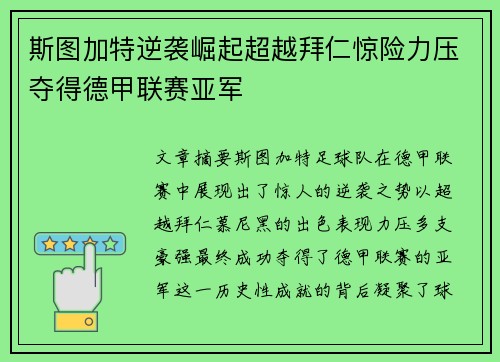 斯图加特逆袭崛起超越拜仁惊险力压夺得德甲联赛亚军